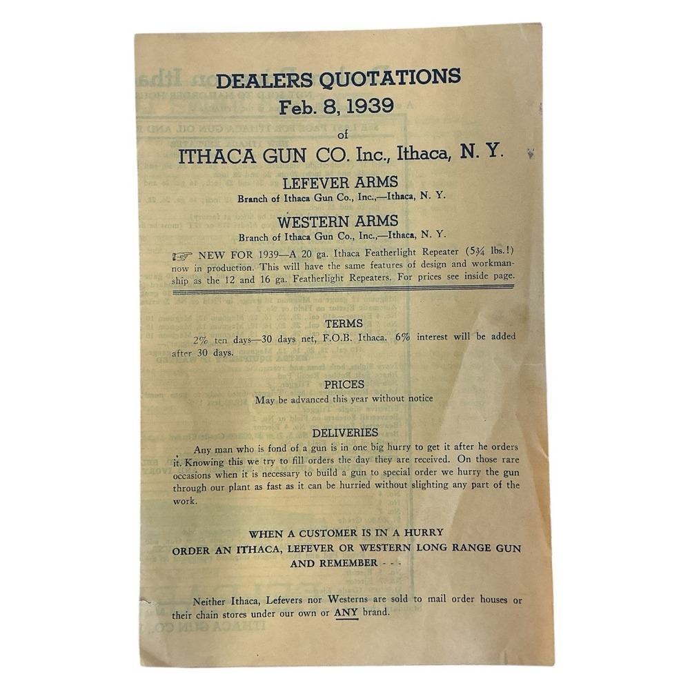 1939 Ithaca Gun Co Dealers Price List Lefever Western Arms Brochure‎ Catalog